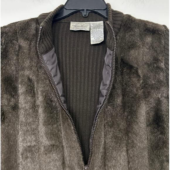 Vintage 90s Y2K Chocolate Brown Faux Fur Ribbed Knit Zip Up Sweater Cardigan Lg - Picture 7 of 15